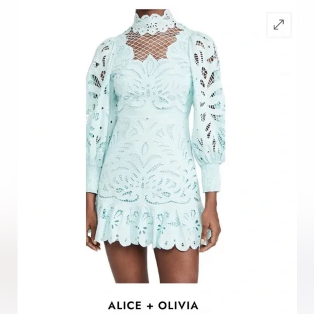 Alice + Olivia Mint Lace Puff-Sleeve Mini Dress